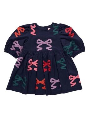 Navy Bow Print Girls Dress - Multicolor Bows